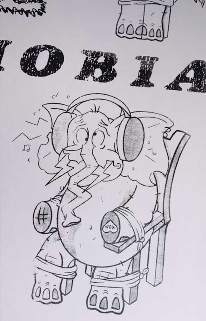 Rough screen printed illustration of an elephant tied to a chair being forced to listen to music.