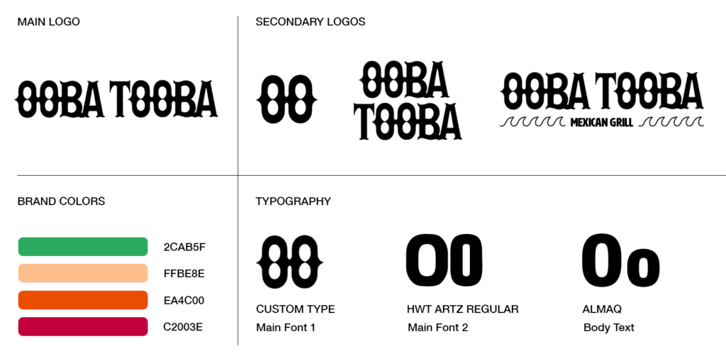 Branding guidelines for Ooba Tooba Restaurant rebrand; Top row is logo variations and logo mark, bottom row is brand colors and fonts.