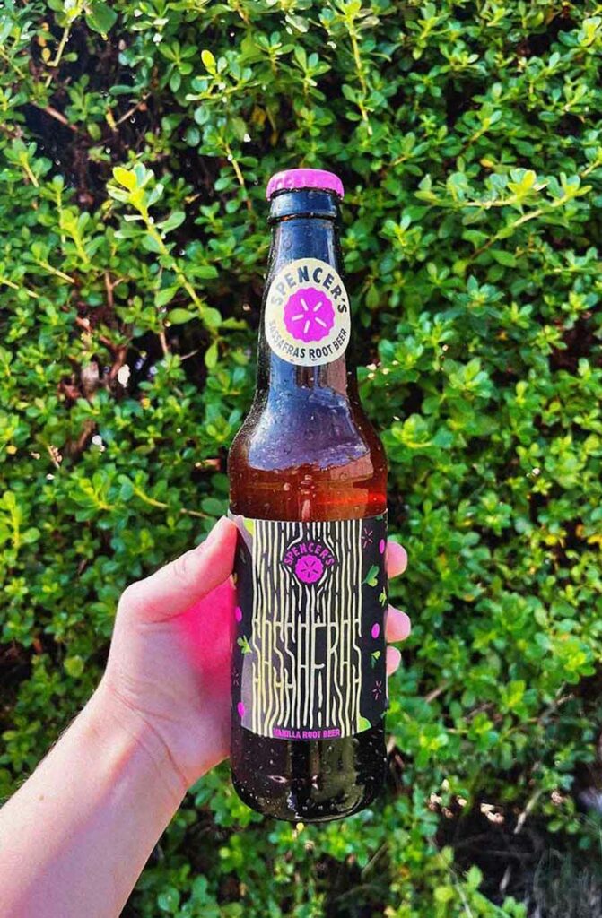 A hand holding a vanilla root beer bottle against greenery.