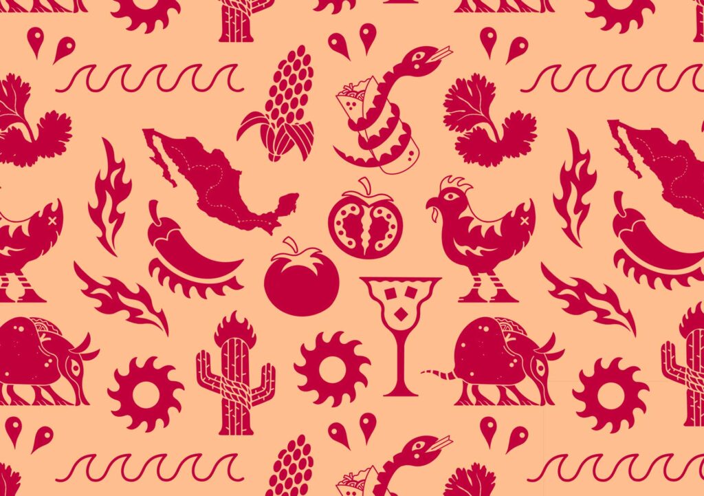 A pattern of Ooba Tooba Illustrative assets; various vegetables, a chicken, armadillo, snake wrapped around a burrito, a sun, water waves, fire, and hot sauce drops.