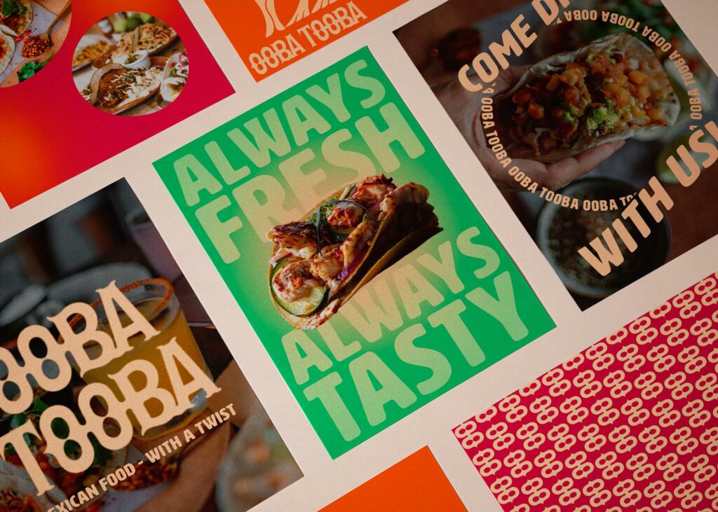 A series of colorful advertisement posters for the restaurant Ooba Tooba.