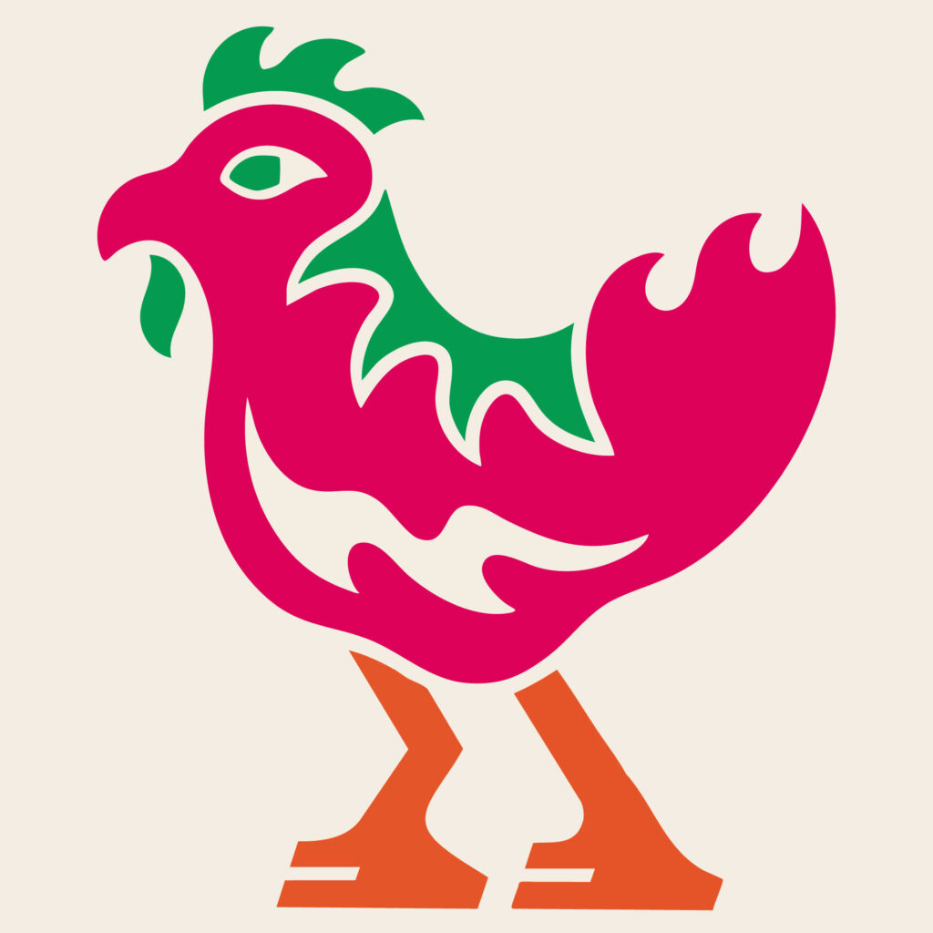 Colorful, stylized illustration of a rooster with abstract red, green, and orange shapes.