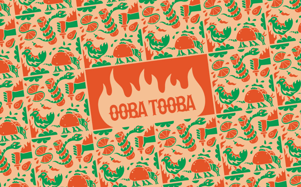 A vibrant pattern, masterfully crafted by Lisa Guenther Design, showcases chili peppers, snakes, and limes encircling a central box adorned with flames and the bold text "Ooba Tooba," exemplifying the art of graphic design.