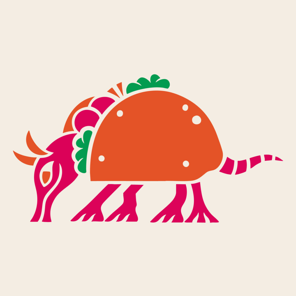 Illustration of an armadillo with a taco shell body, featuring orange, pink, and green colors on a light background.