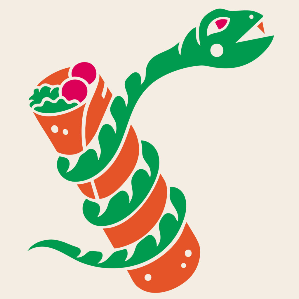 Illustration of a serpent coiled around a burrito, featuring a green and orange color scheme with red accents.