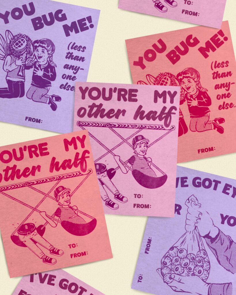 A collage of vintage-style Valentine's cards boasts humorous messages such as "YOU BUG ME" and "YOU’RE MY other half," with charming cartoon characters in playful scenarios. The illustrations showcase whimsical graphic design, adding a delightful touch to each card.