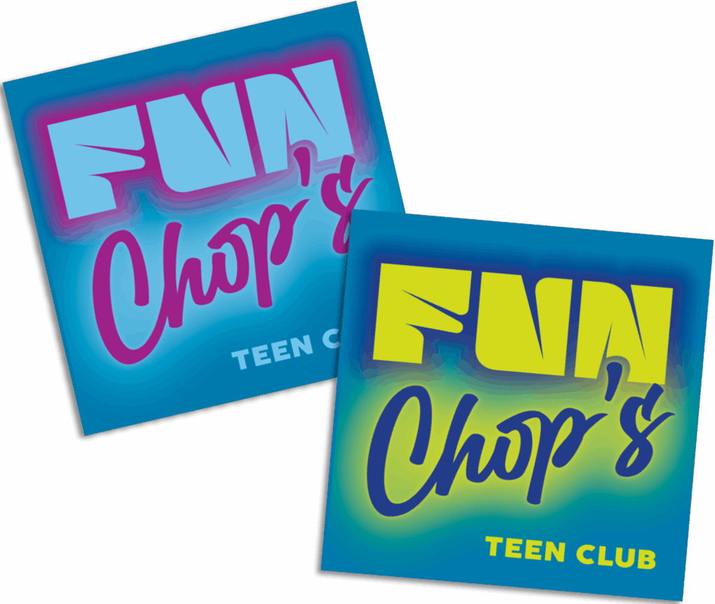 Two square signs read "FUN Chop's TEEN CLUB" in bold, colorful letters on blue backgrounds with varying neon color schemes and stylized fonts.