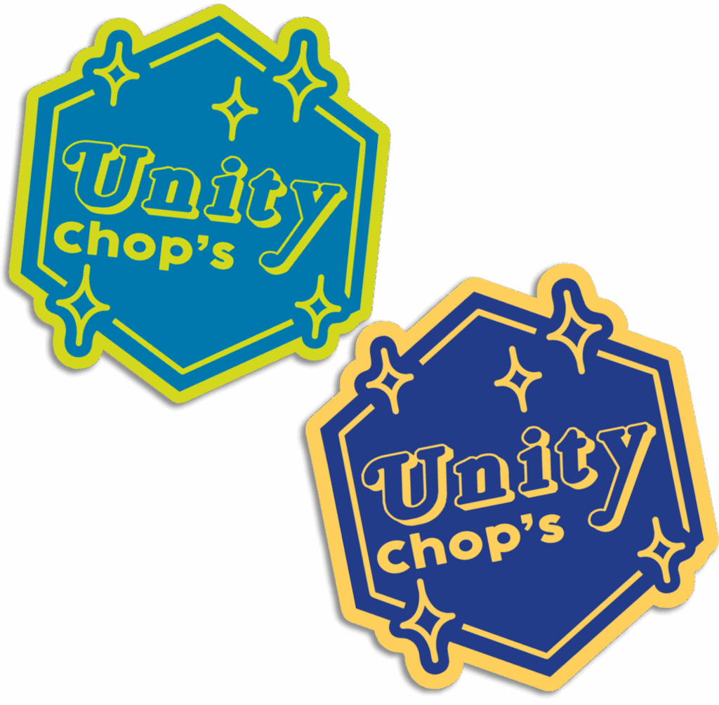 Two hexagonal stickers with the words “Unity chop’s” in stylized fonts, one blue with green-yellow border, one dark blue with yellow border, both decorated with sparkles.