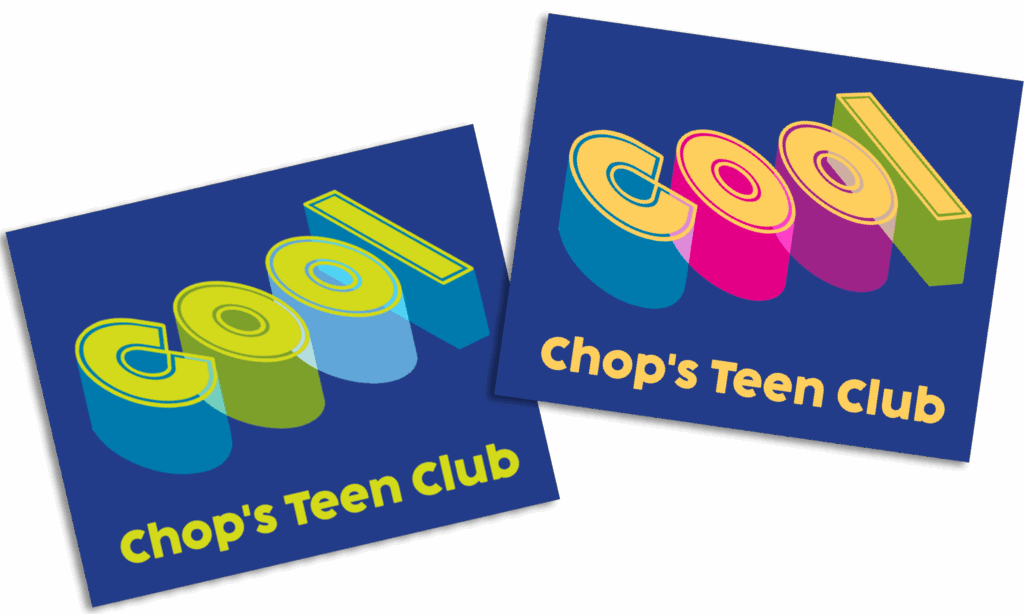 Two blue square graphics feature the word "cool" in bold, 3D letters above the text "Chop's Teen Club." One design uses yellow and blue; the other uses yellow, blue, pink, and teal.