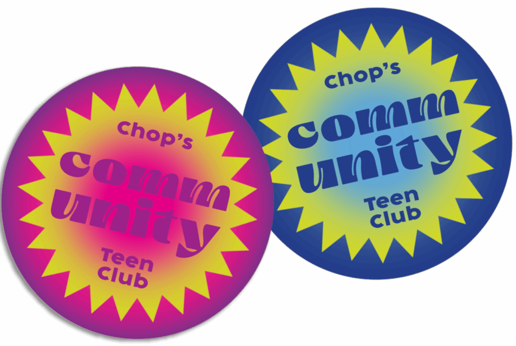 Two circular badges with starburst designs, one pink-yellow and one blue-yellow, both reading "Chop’s Community Teen Club" in bold, playful fonts.