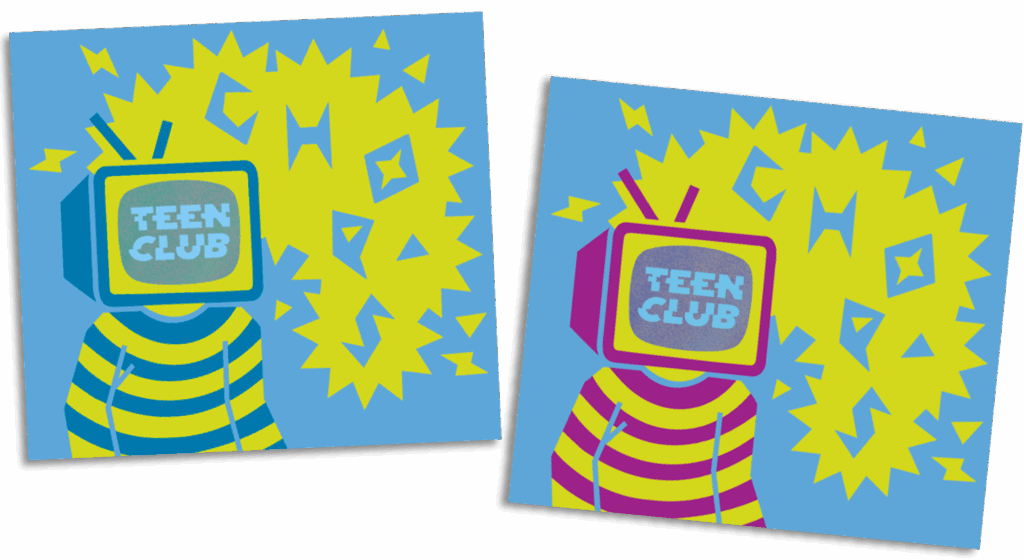 Two stylized illustrations of a person with a TV for a head displaying the text "TEEN CLUB," featuring bright, contrasting colors and abstract shapes in the background.