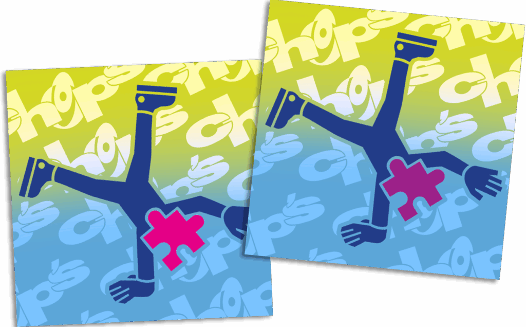 Two overlapping images show a blue stick figure doing a handstand. One figure has a missing piece in the torso, replaced by a pink puzzle piece. The background features repeating "chap's" text.