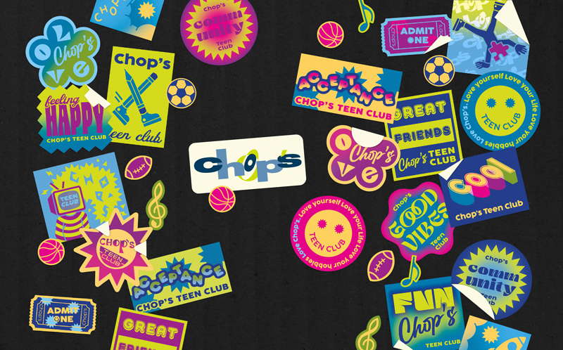 Colorful stickers and tickets with phrases like "Chop's Teen Club," "Acceptance," and "Great Friends" are scattered on a black background, showcasing playful graphic design by Lisa Guenther Design.